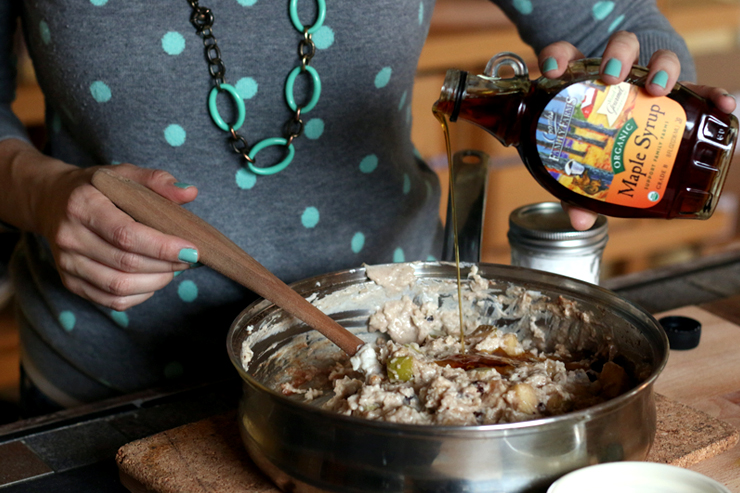 Adding maple syrup to the oatmeal Adding maple syrup to the oatmeal