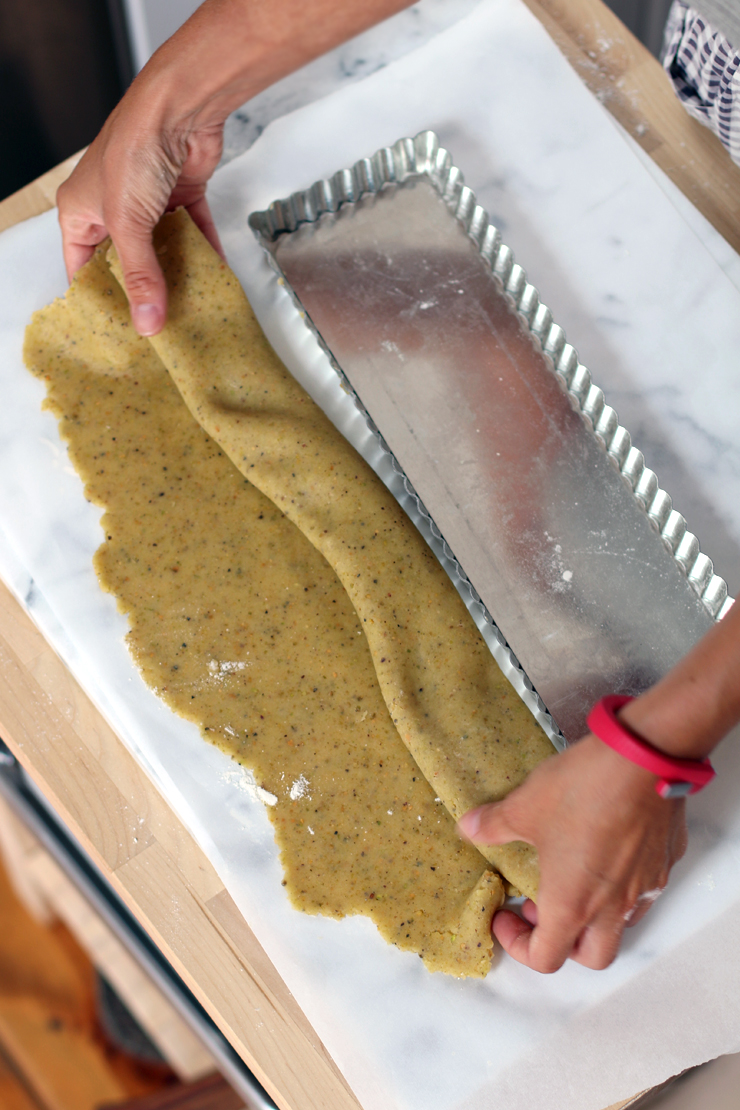 rolling tart dough for Fig Mascarpone Tart with Pistachio Black Pepper Crust dough