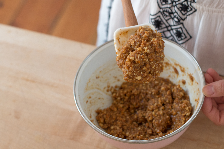 When mixed together, the brown butter, brown sugar and crushed pretzels for the key lime tequila tart should look like wet sand
