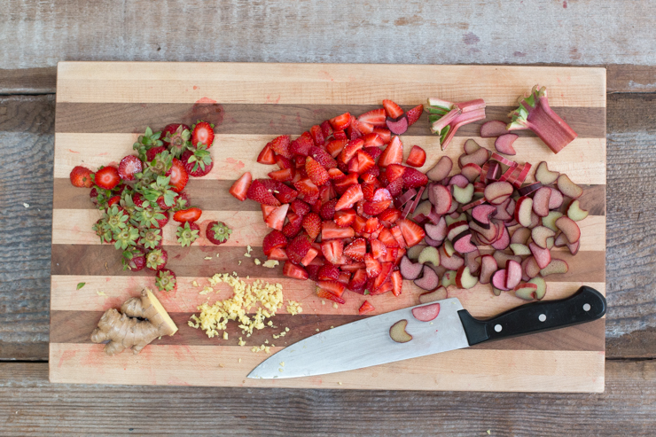 chopped up rhubarb, strawberries and ginger