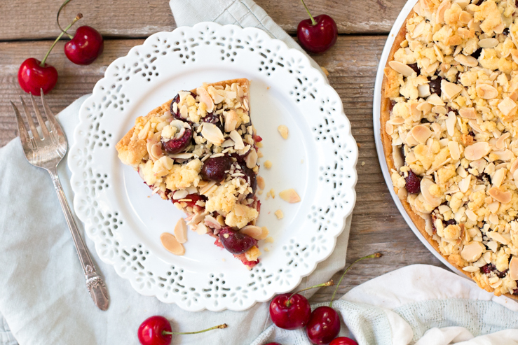 Cherry Almond Shortbread Crumble Tart