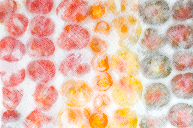 Colorful BLT Galette tomatoes covered with paper towels and soaking through