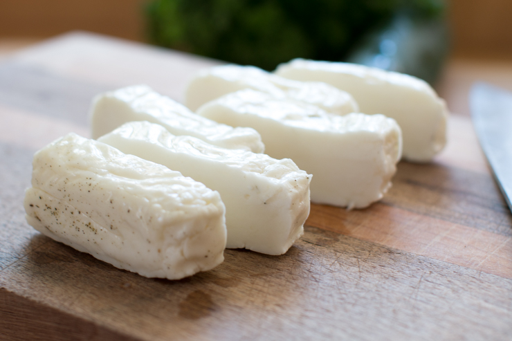 sliced halloumi cheese before grilling