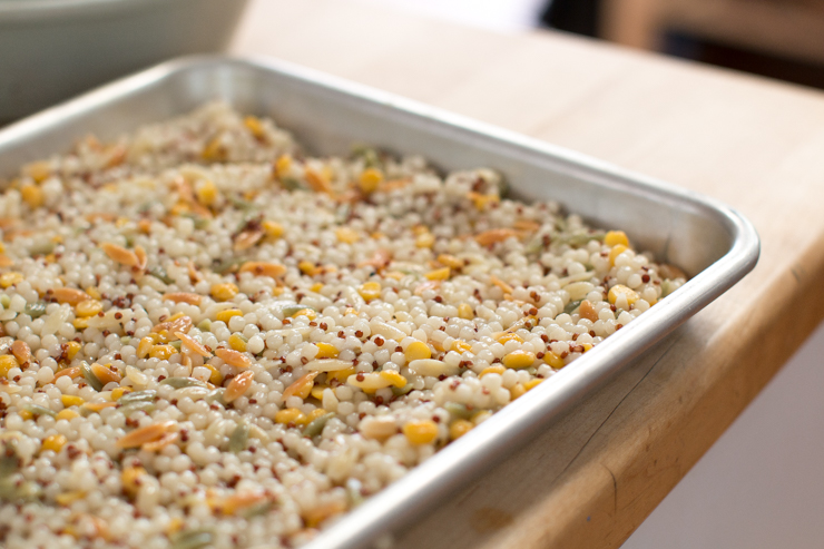 harvest grain salad, cooked and spread in a baking sheet