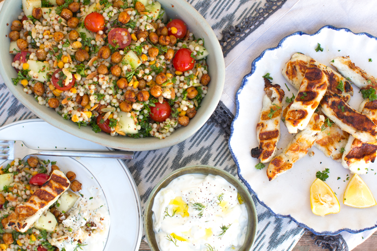 Mediterranean Grain Salad with Grilled Halloumi and Tzatziki by Becky Sue