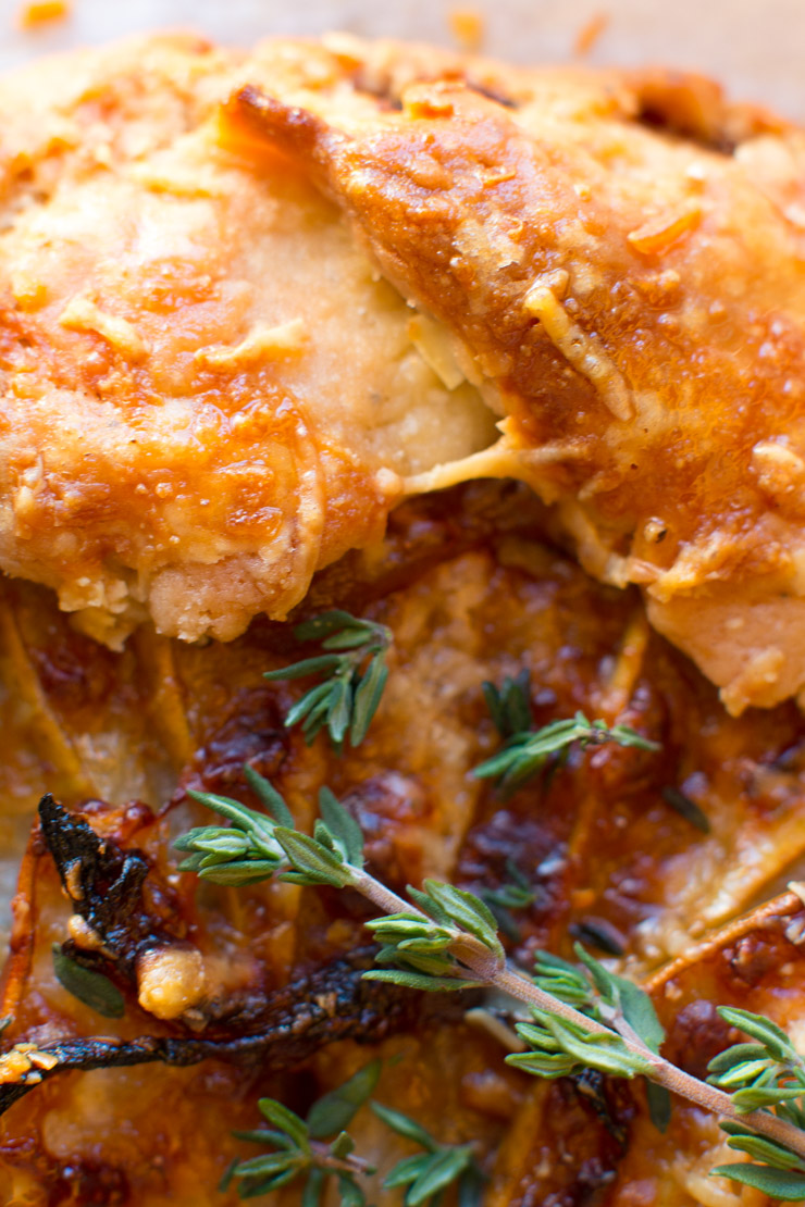 French Onion Gruyere Pear Galette close up