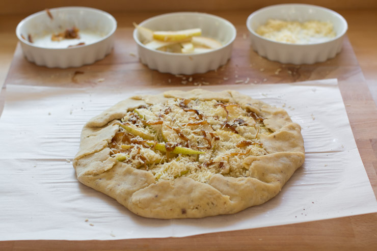 French Onion Gruyere Pear Galette shaped
