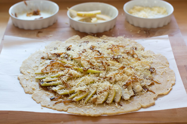 French Onion Gruyere Pear Galette layering