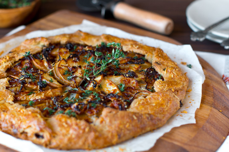 French Onion Gruyere Pear Galette close up