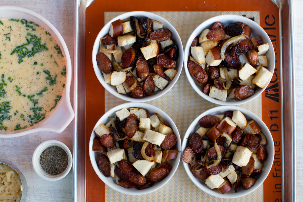 Sausage Gouda and Pretzel Strata split in 3 ramekins