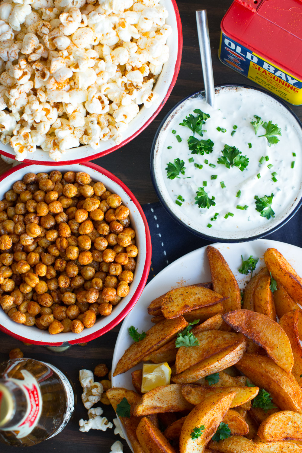 Old Bay Popcorn, Crispy Old Bay Chickpeas, and Old Bay JoJos with Tangy Yogurt Chive Dip