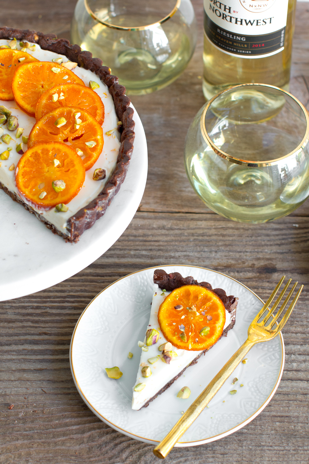 Candied Tangerine Mascarpone Tart with Pistachio Chocolate Crust with Horse Heaven Hills Riesling by North by Northwest Wines