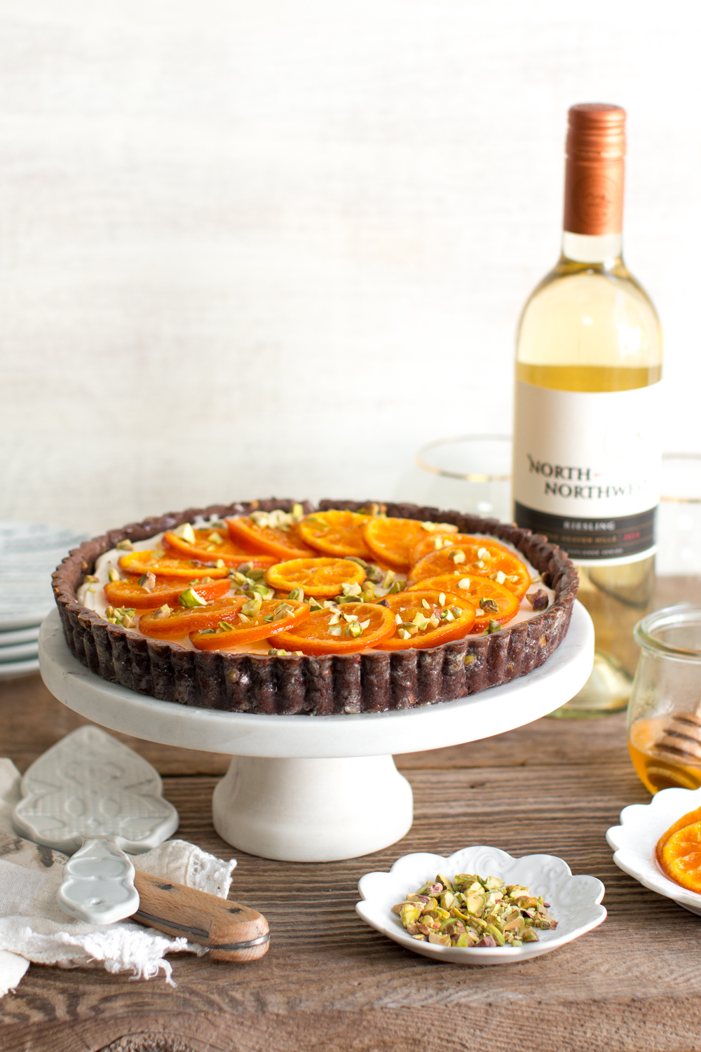Candied Tangerine Mascarpone Tart with Pistachio Chocolate Crust with NxNW Riesling