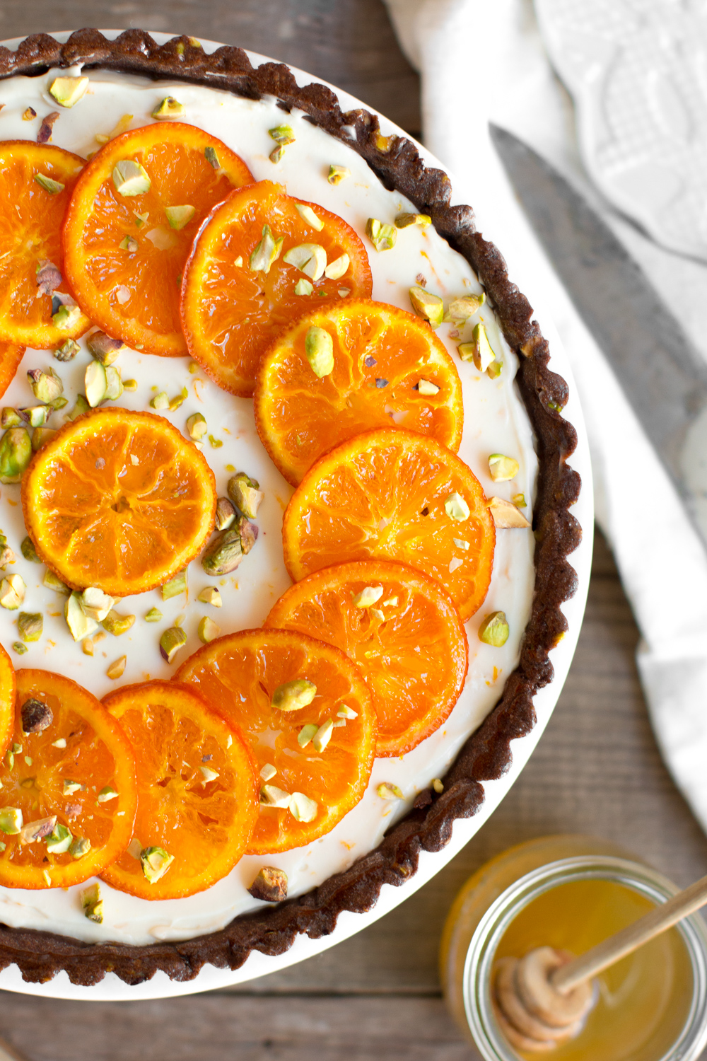 Candied Tangerine Mascarpone Tart with Pistachio Chocolate Crust