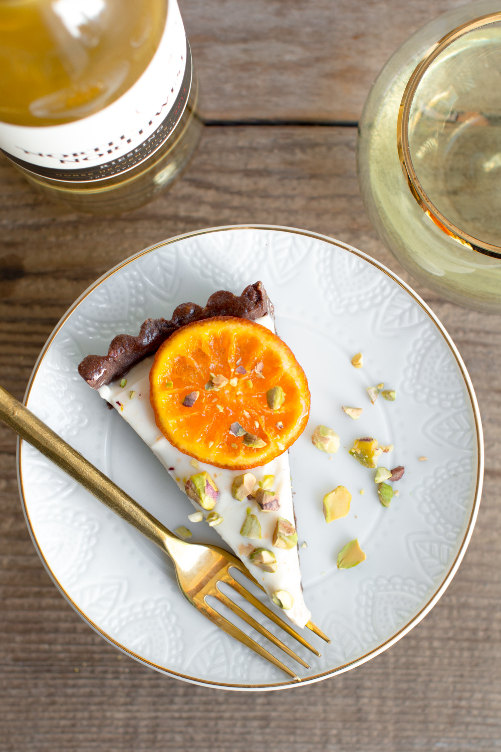 Candied Tangerine Mascarpone Tart with Pistachio Chocolate Crust