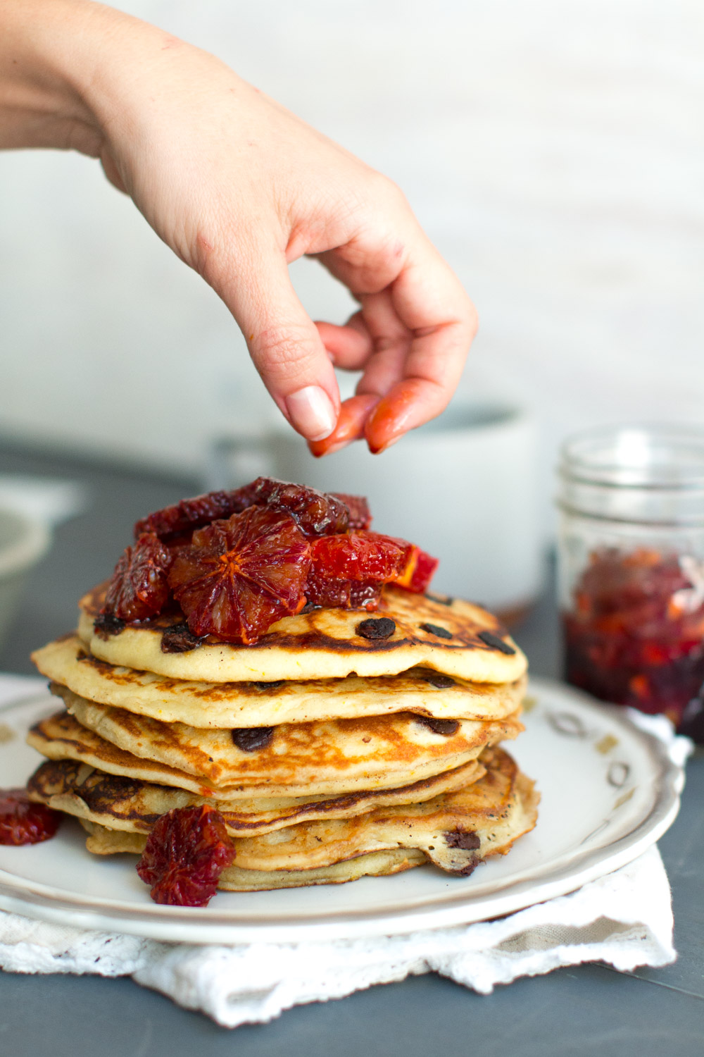 Ricotta Chocolate Chip Pancakes & Blood Orange Compote