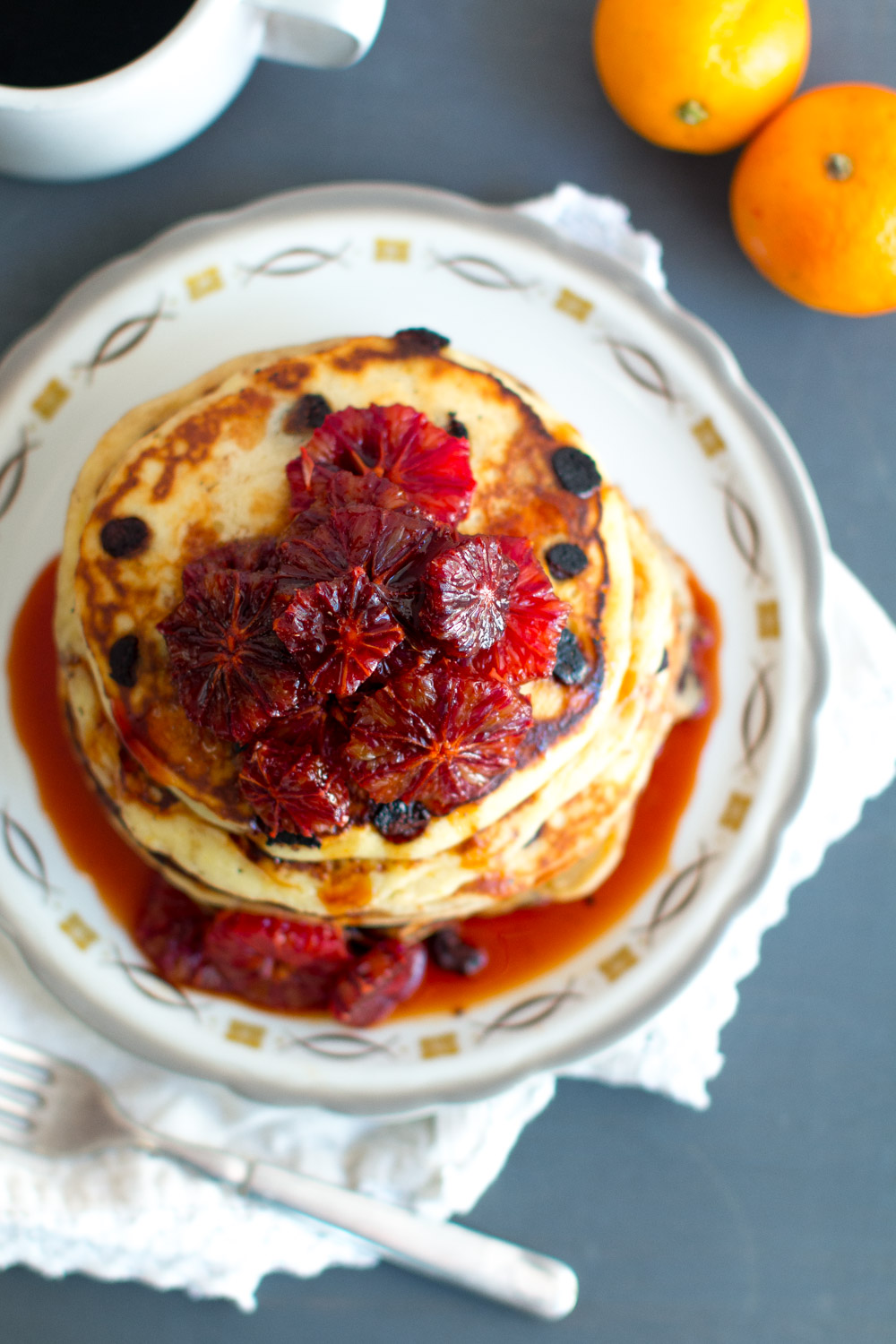 Ricotta Chocolate Chip Pancakes & Blood Orange Compote