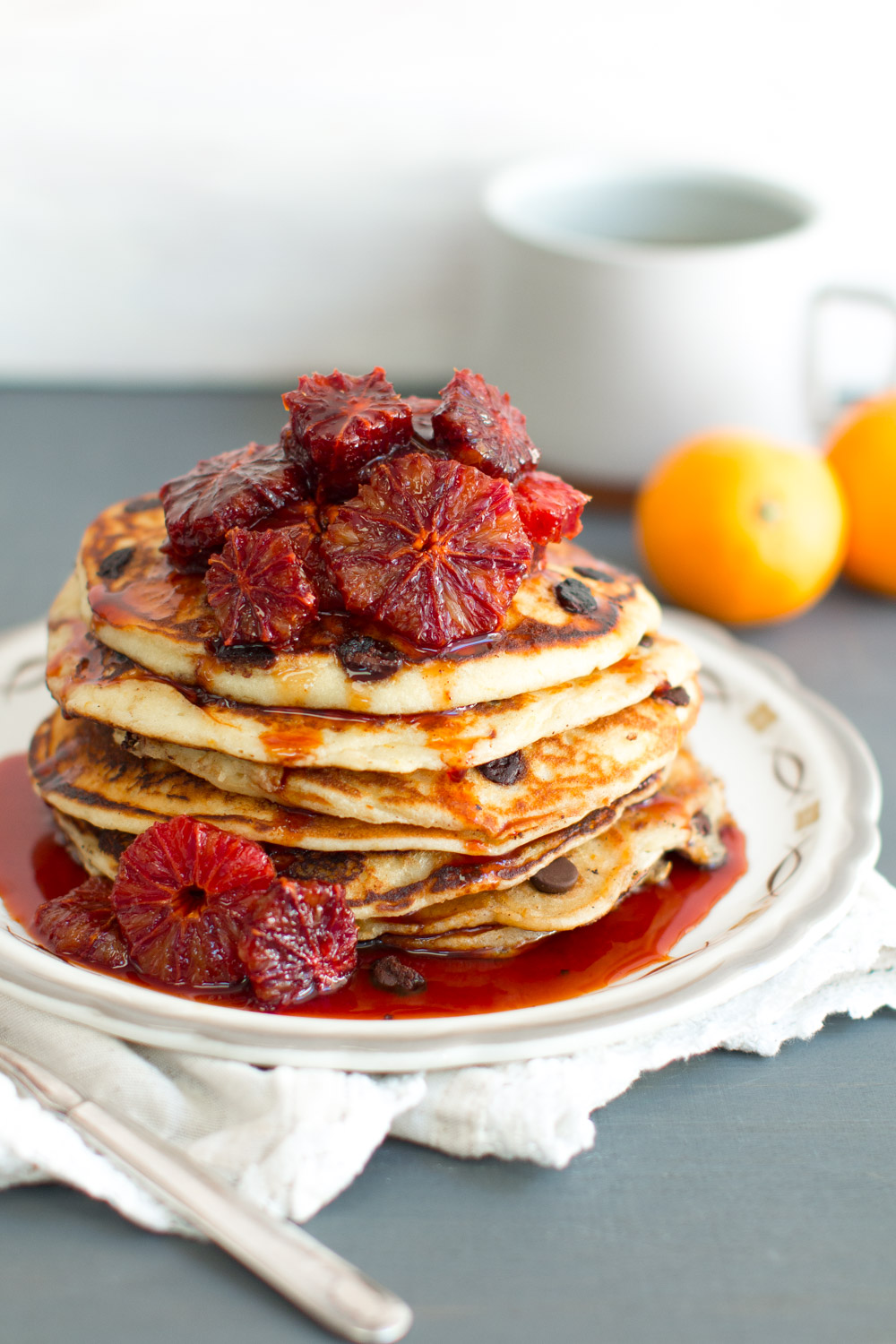 Ricotta Chocolate Chip Pancakes & Blood Orange Compote