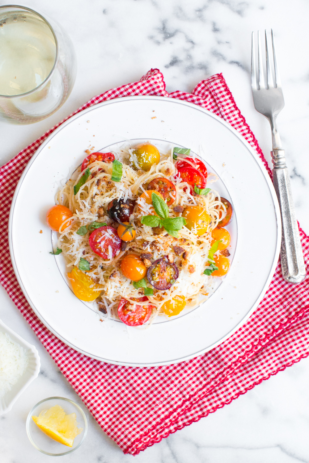 Cacio e Pepe with Cherry Tomatoes, basil, garlic breadcrumbs and lemon
