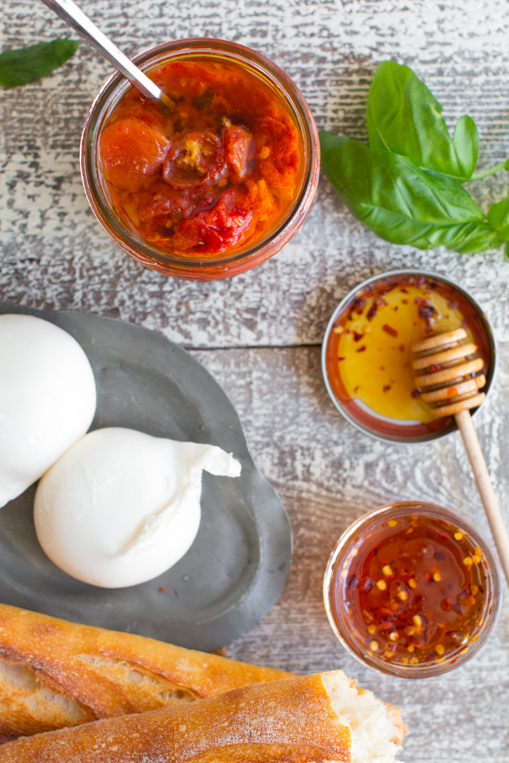 assemble the Tomato Confit & Burrata Crostini