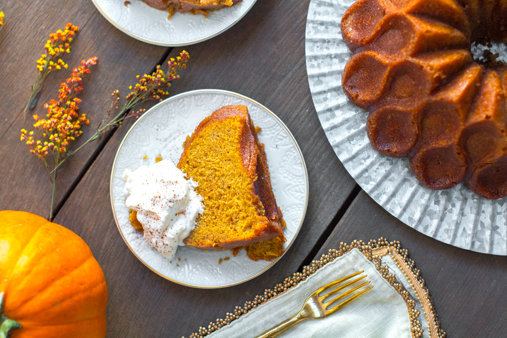 Pumpkin Spice Brown Butter Bourbon Bundt Cake with Cinnamon Whipped Cream.