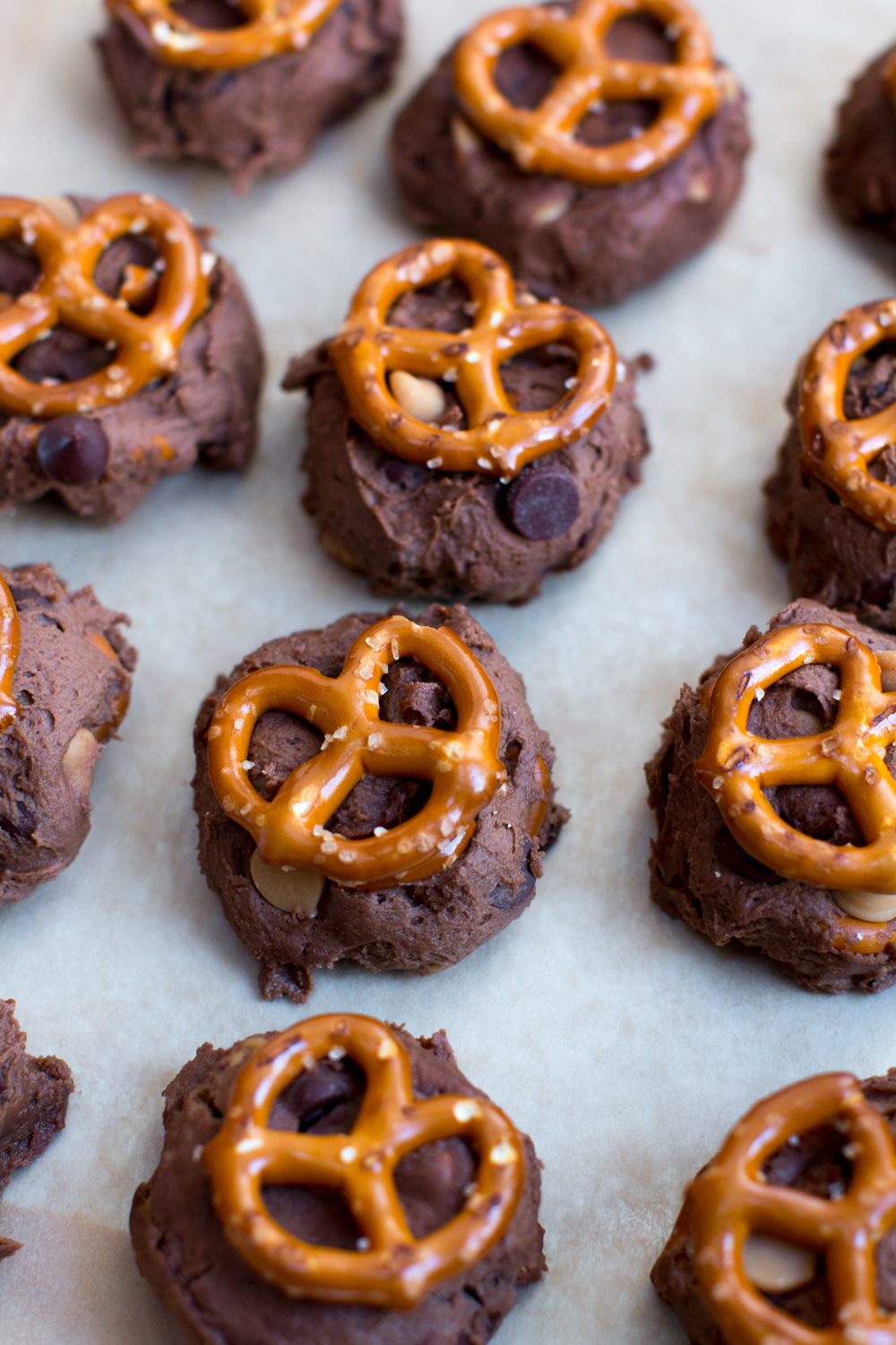 Pretzel Cookie dough balls in a lineup