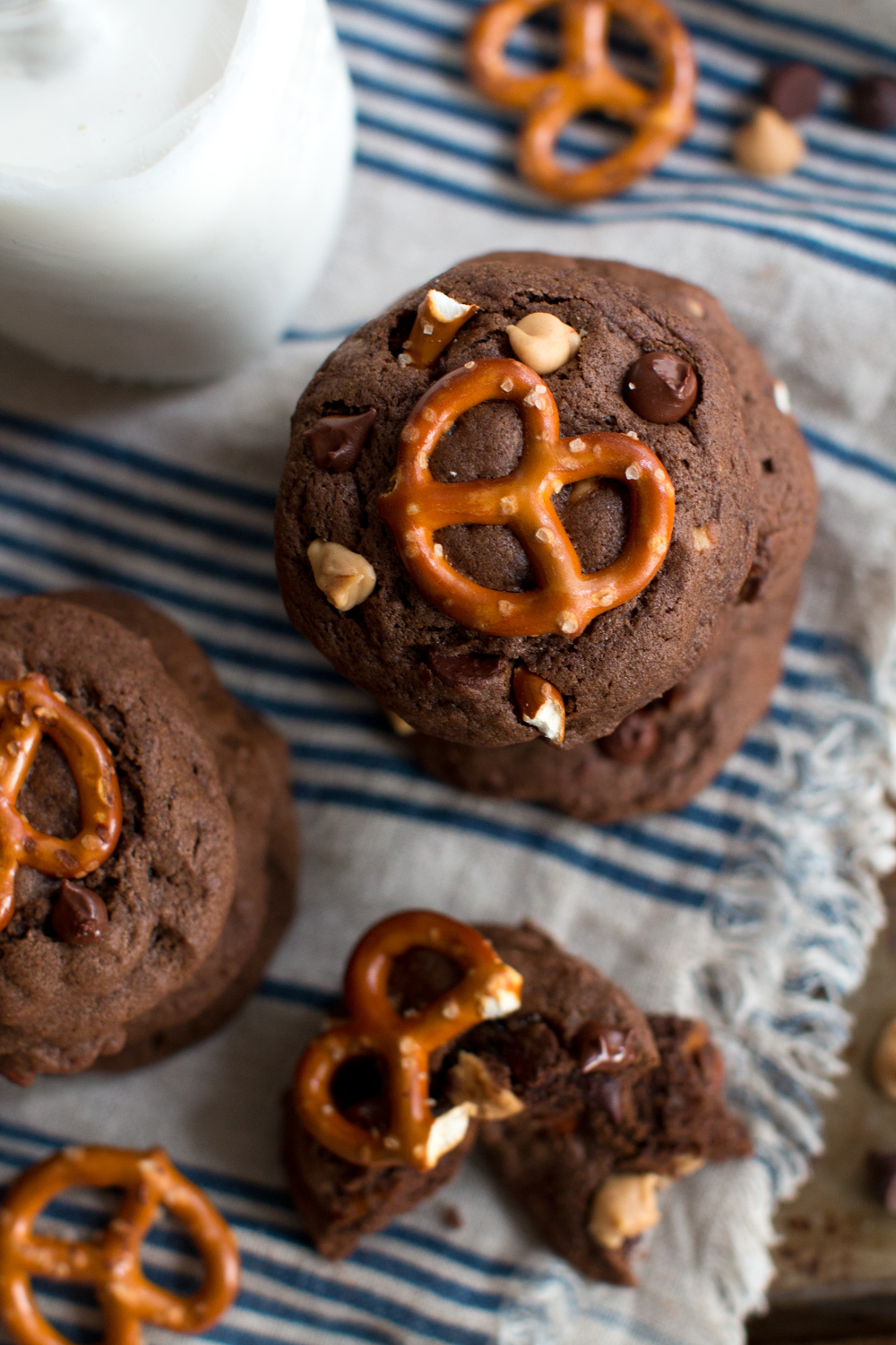 Chocolate Peanut Butter Chip cookie stacks ready for the big game!