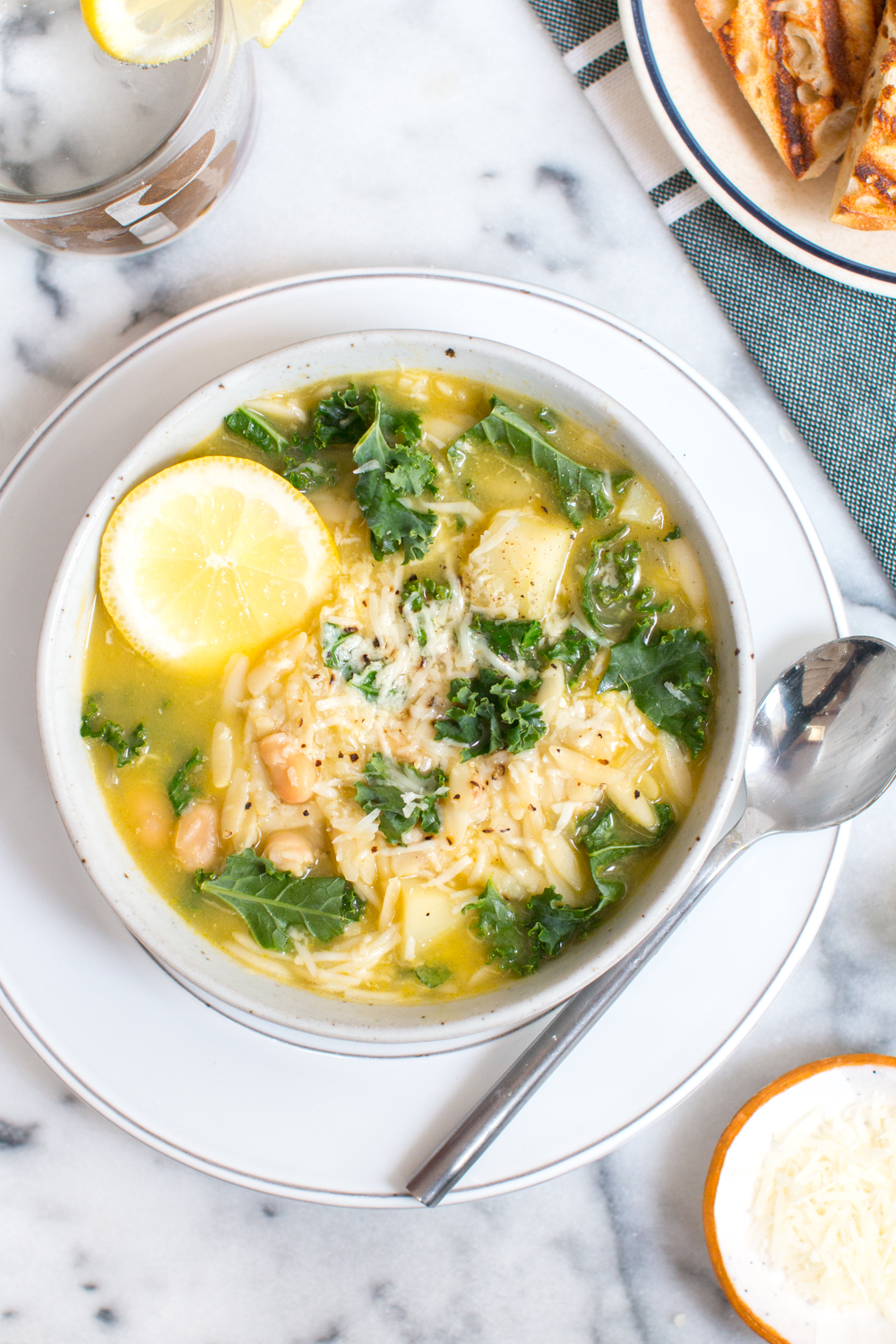 a healing bowl of sunshine, Lemony Soup with White Beans, Kale & Orzo