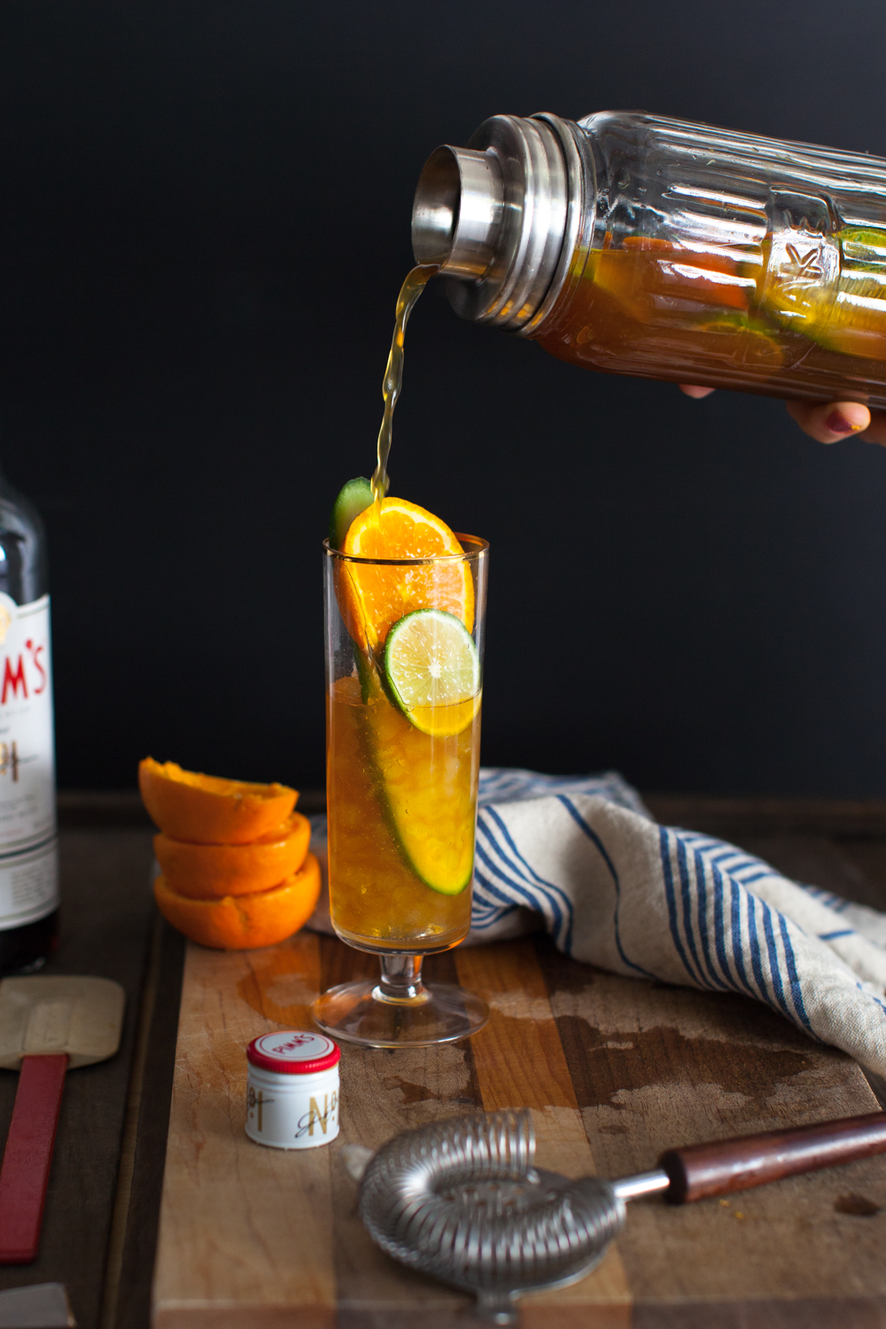 After the Pimm's cocktail has had time to meld together, pour directly over crushed ice. 