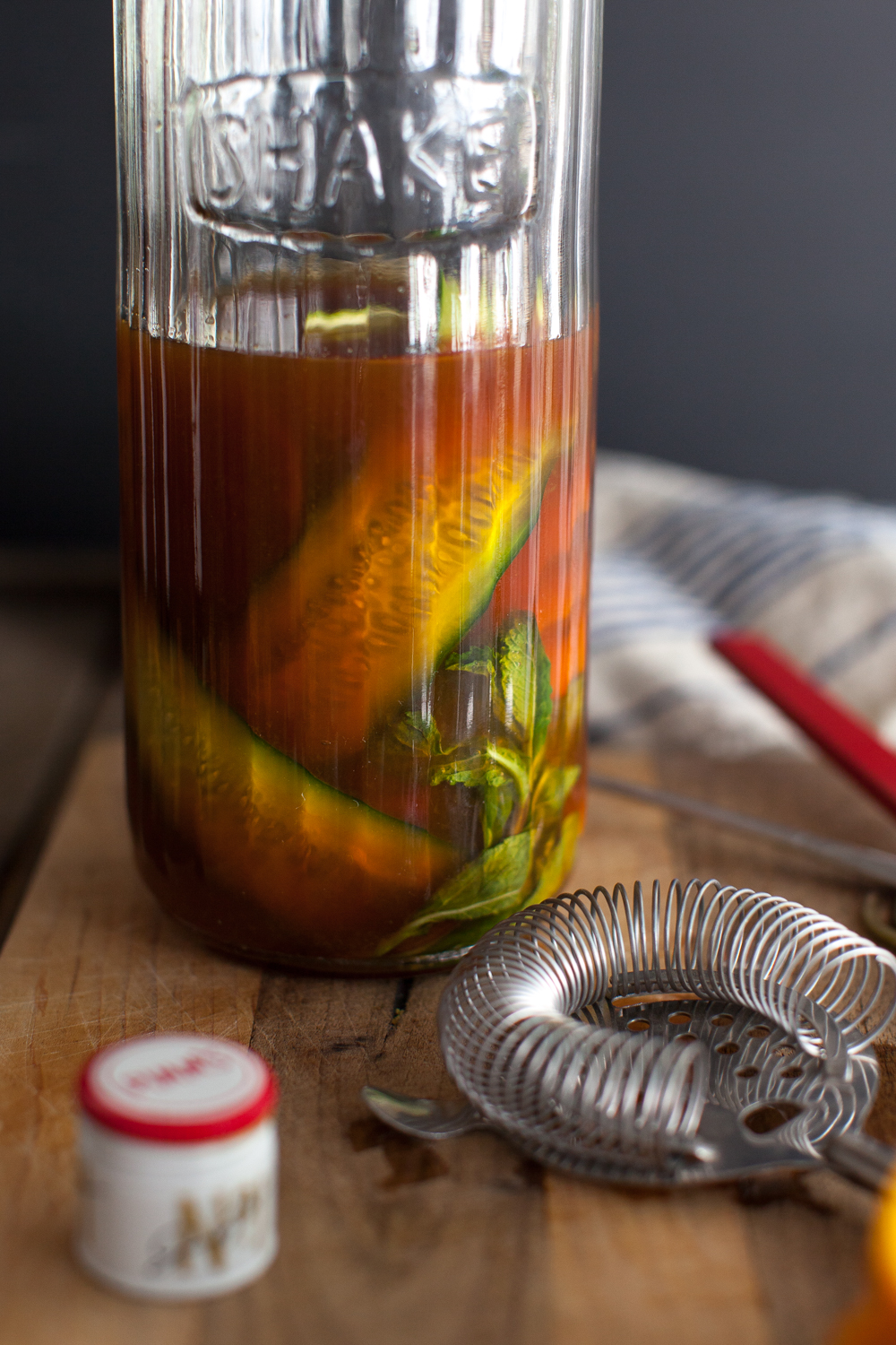 Allow the produce, fresh squeezed juice and Pimm's to chill in the fridge for about an hour so the flavors can seep together. 