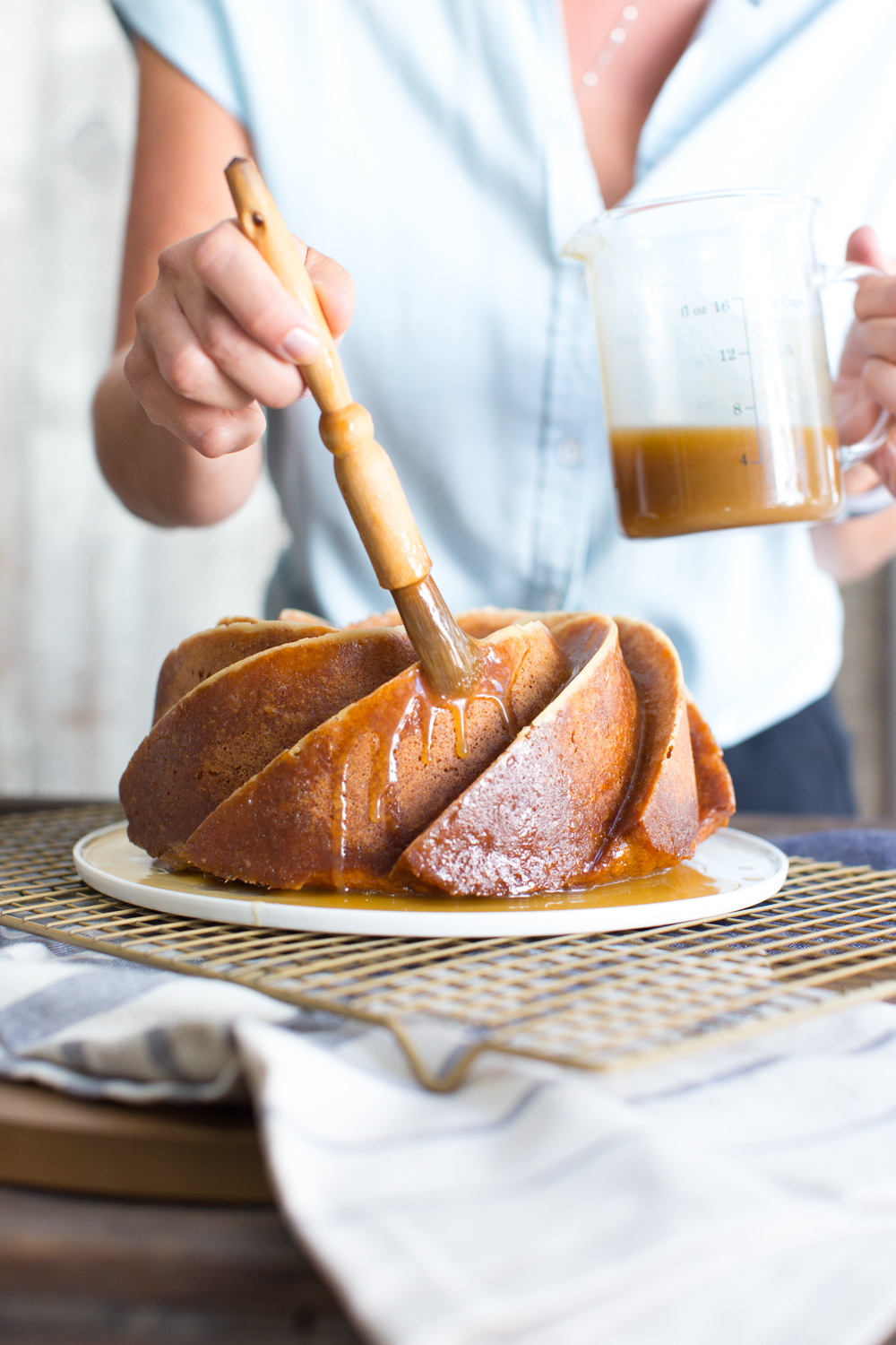 Brush the entire surface of the cake with the salted bourbon butterscotch glaze.