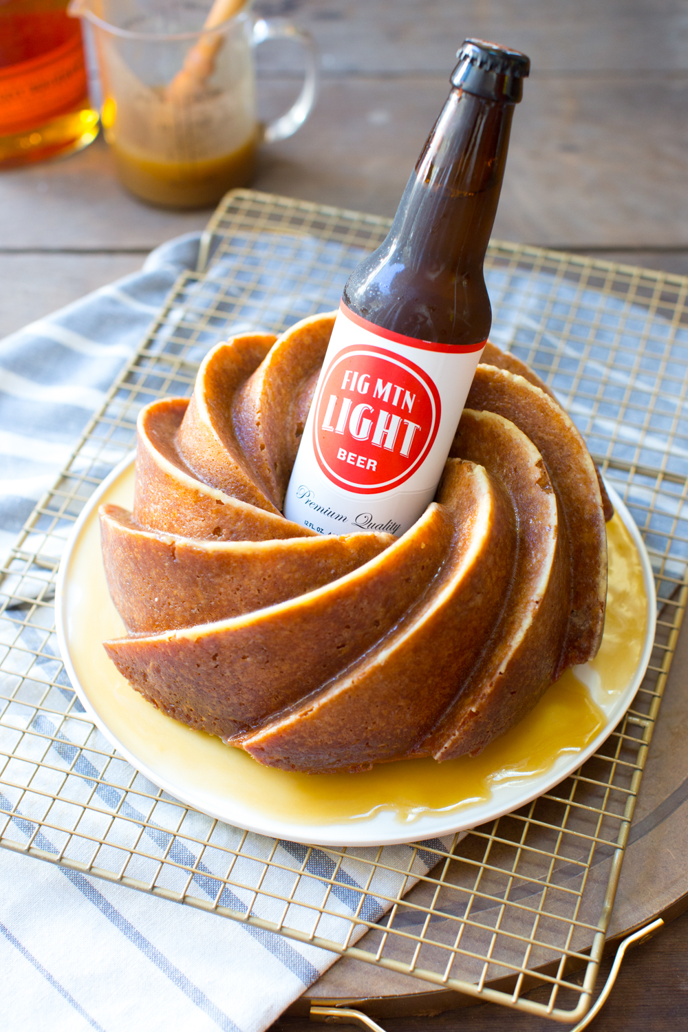 One Bourbon, One Scotch, One Beer Bundt Cake. The bourbon and butterscotch are baked in but that beer gets nestled right into the bundthole!