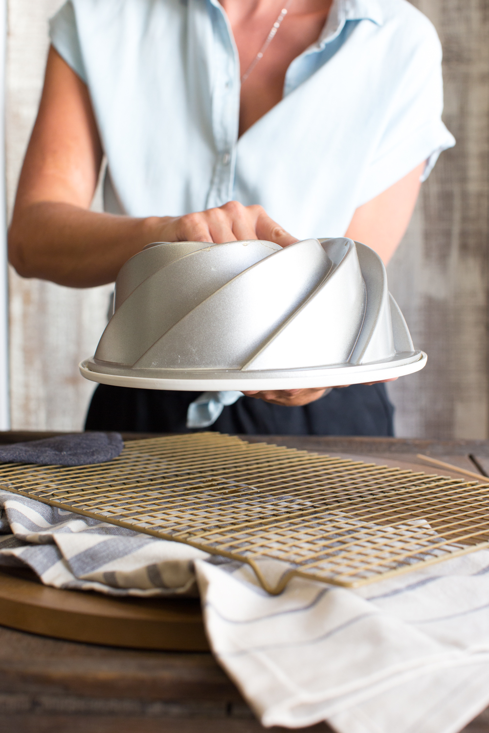 Flip the cake onto a plate in one fluid motion.