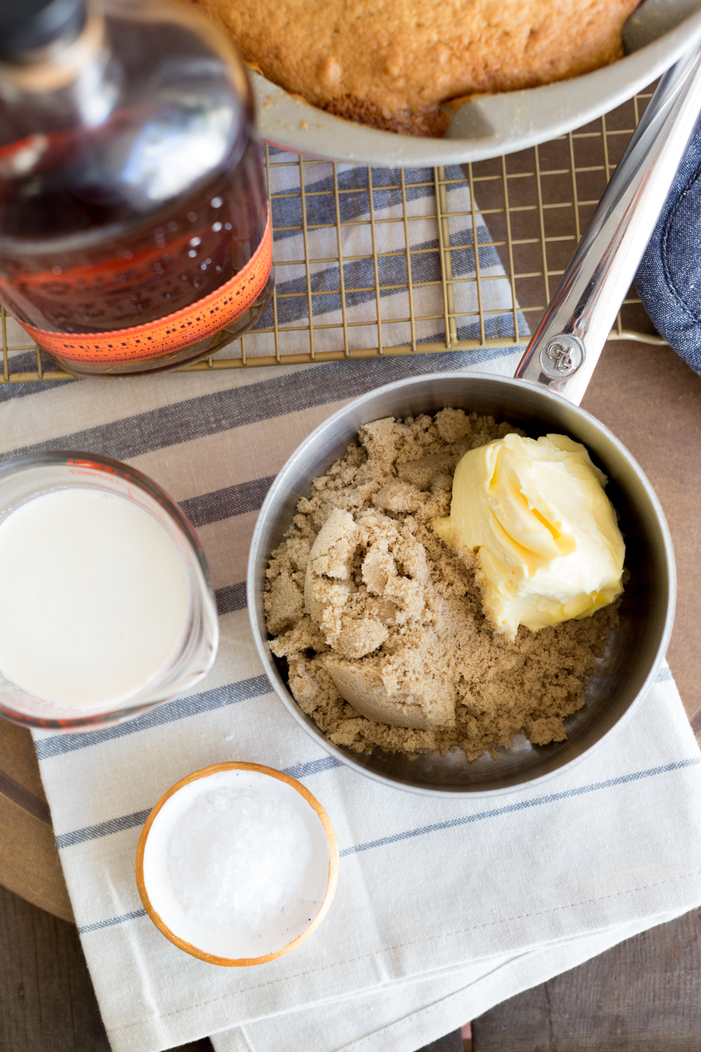 While the One Bourbon, One Scotch, One Beer Bundt Cake bakes, make the salted bourbon butterscotch glaze.