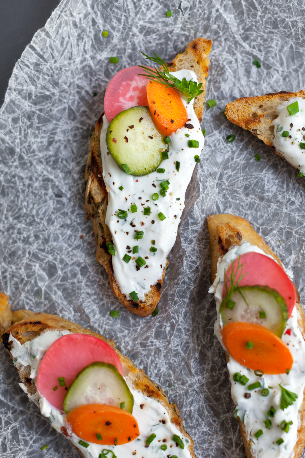 Toast with Herbed Skyr and Quick Pickles, tart and tangy yet earthy and grounded.