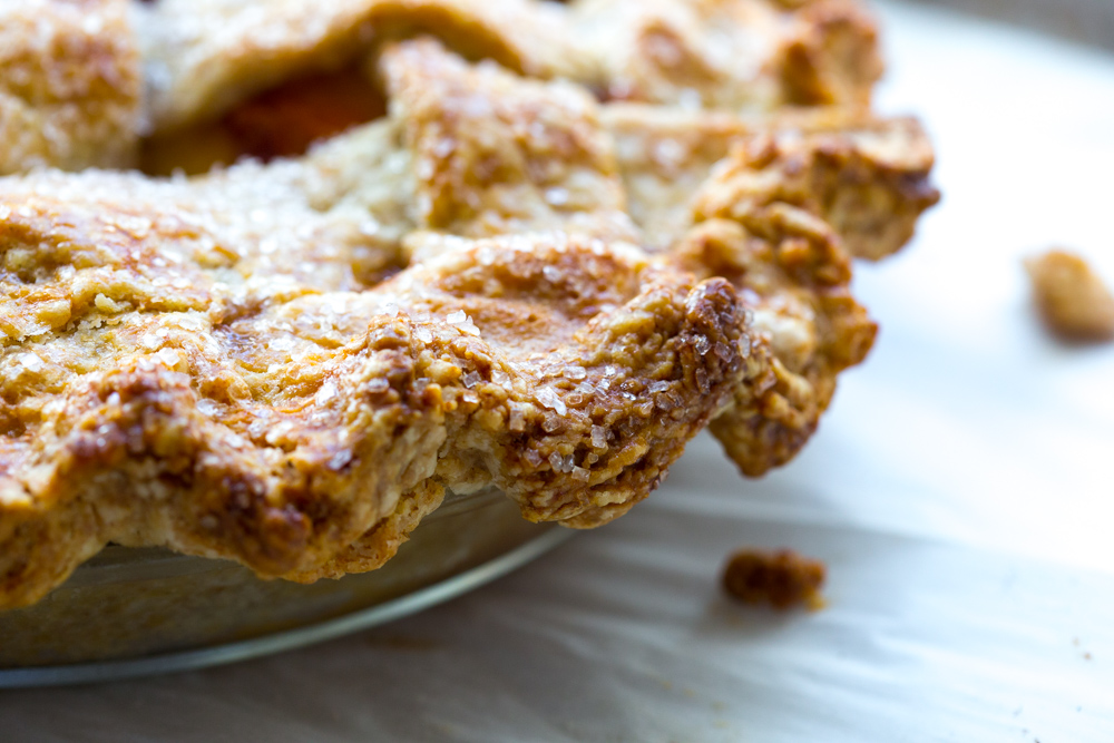 Rye flour makes for a deeper, nuttier flavor in this close up of peach pie crust.
