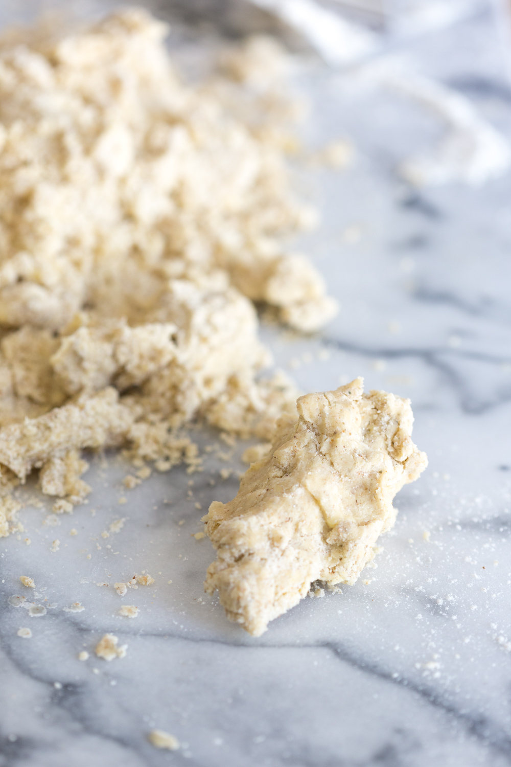 hydrated rye pie dough looks crumbly, but a handful sticks together