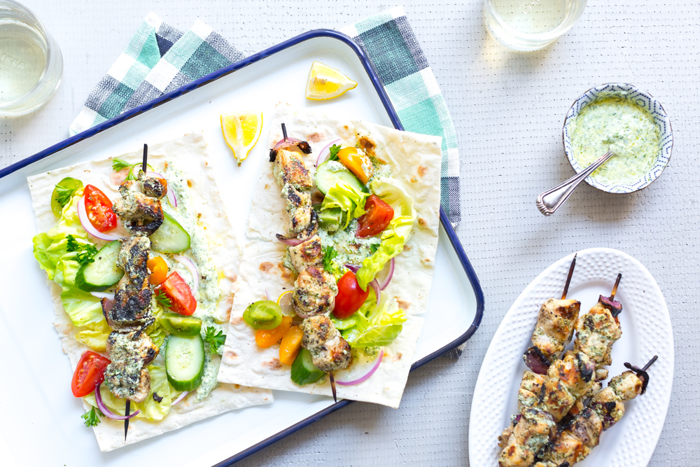 Feta Brined Chicken Skewers with Herby Feta Sauce flatbread wraps for two!
