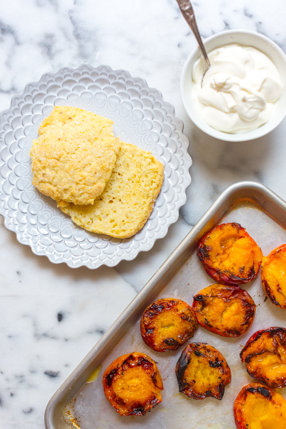 Fresh baked peppery shortcakes, lemony crème fraîche and freshly grilled nectarines.