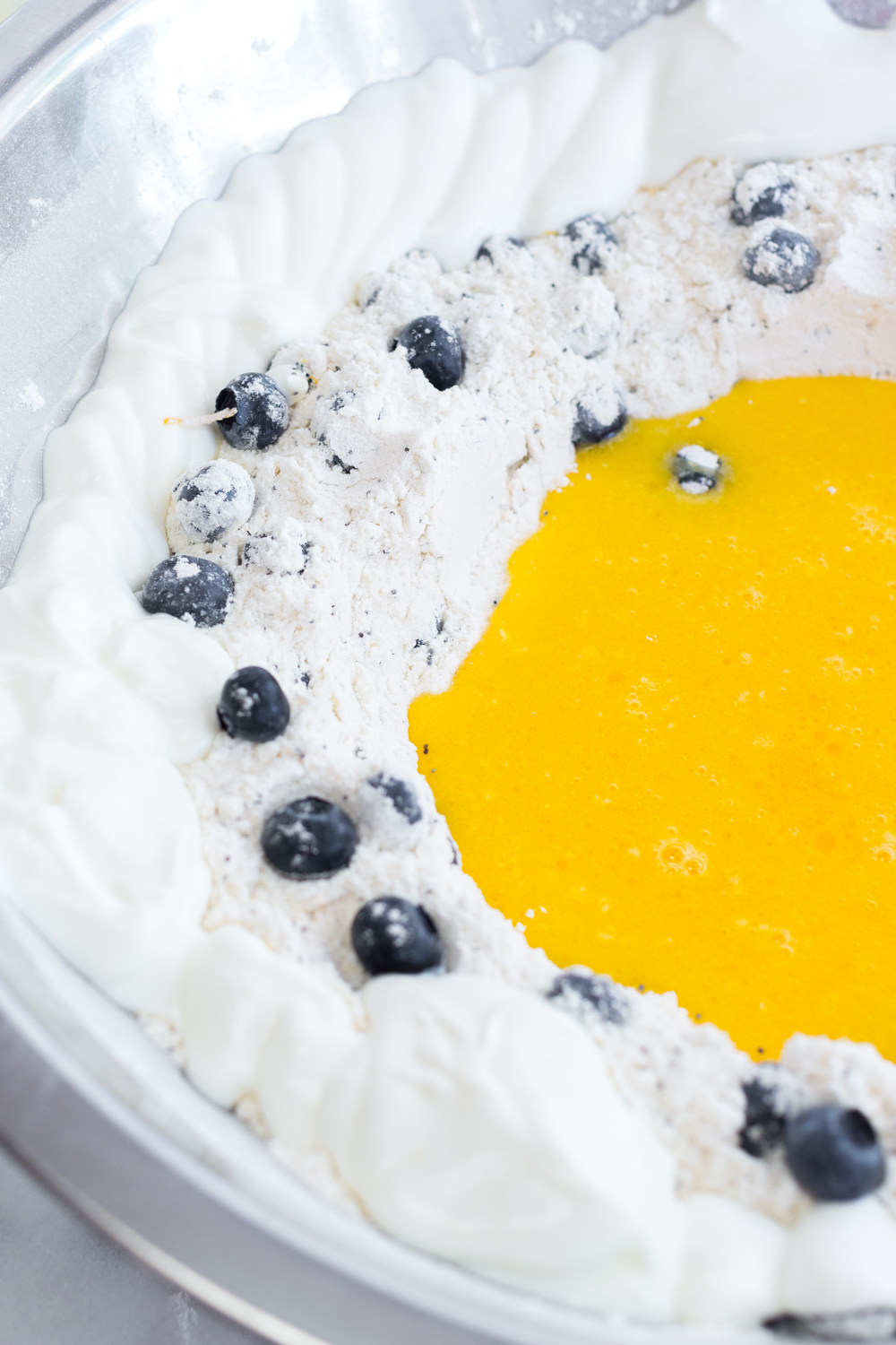 Blueberry Lemon Poppy Seed Muffin batter mixing.