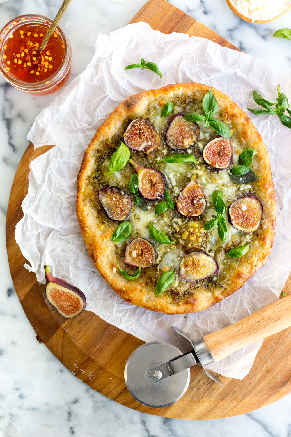 Fig and Pistachio Pesto Pizza fresh from the oven, basically California on a pie.