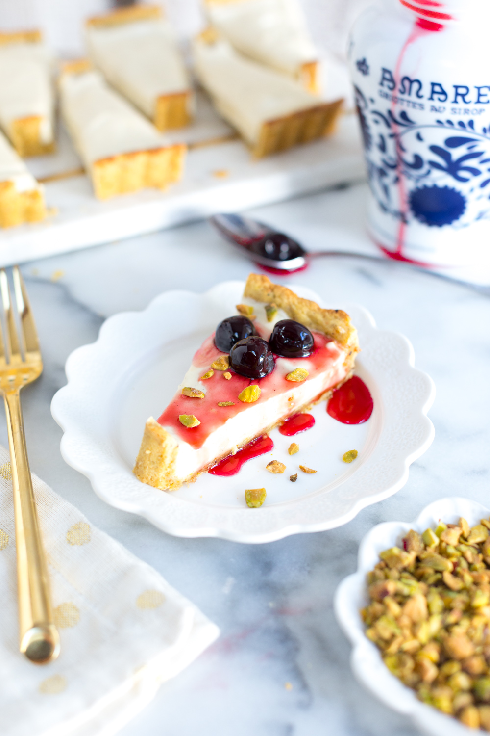 Ricotta & Amarena Cherry Tart with Pistachio Crust slice