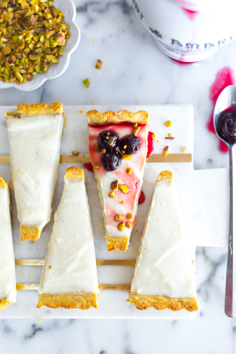 Ricotta & Amarena Cherry Tart with Pistachio Crust - topped with cherries