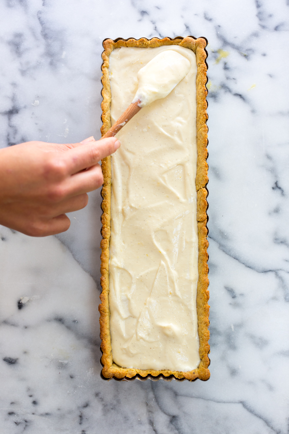 Ricotta & Amarena Cherry Tart with Pistachio Crust filling smooth