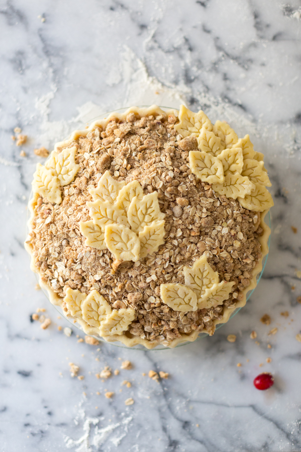 Crust leaves on top of the Cranberry Apple Brown Butter Crumble Pie