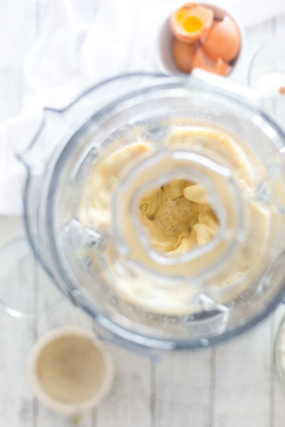 Blending crepe batter for Crepe King Cake