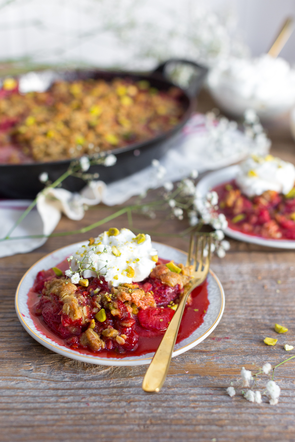Strawberry Pistachio Crisp with St. Germain Whipped Cream