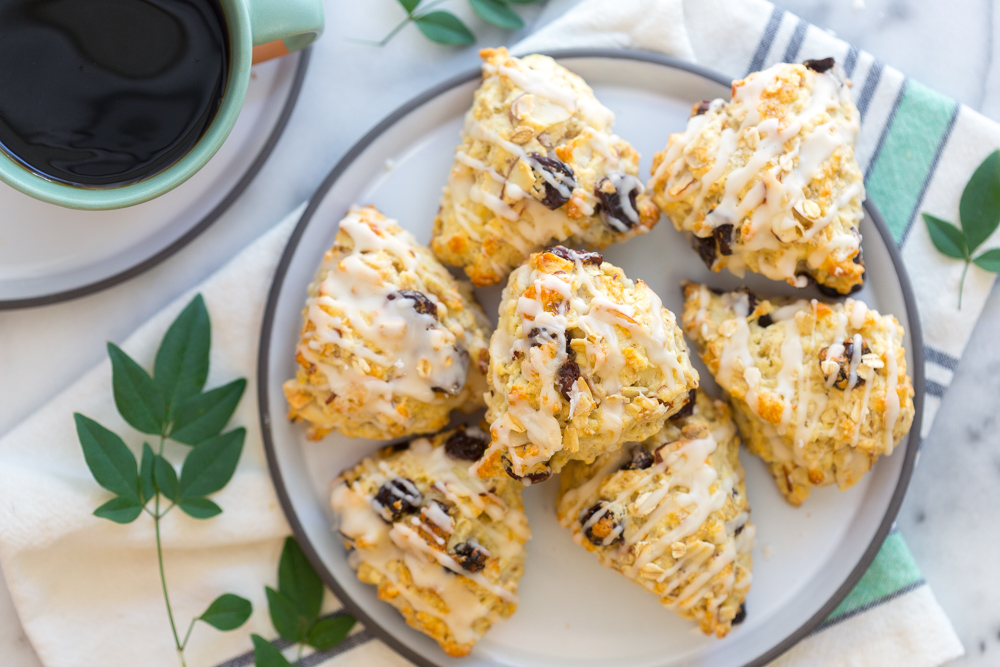 Cherry Almond Oat Scones piled on a plate