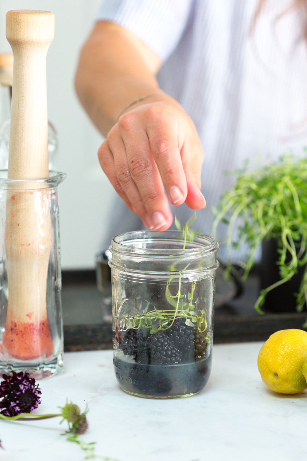 Blackberry Gin Smash adding thyme