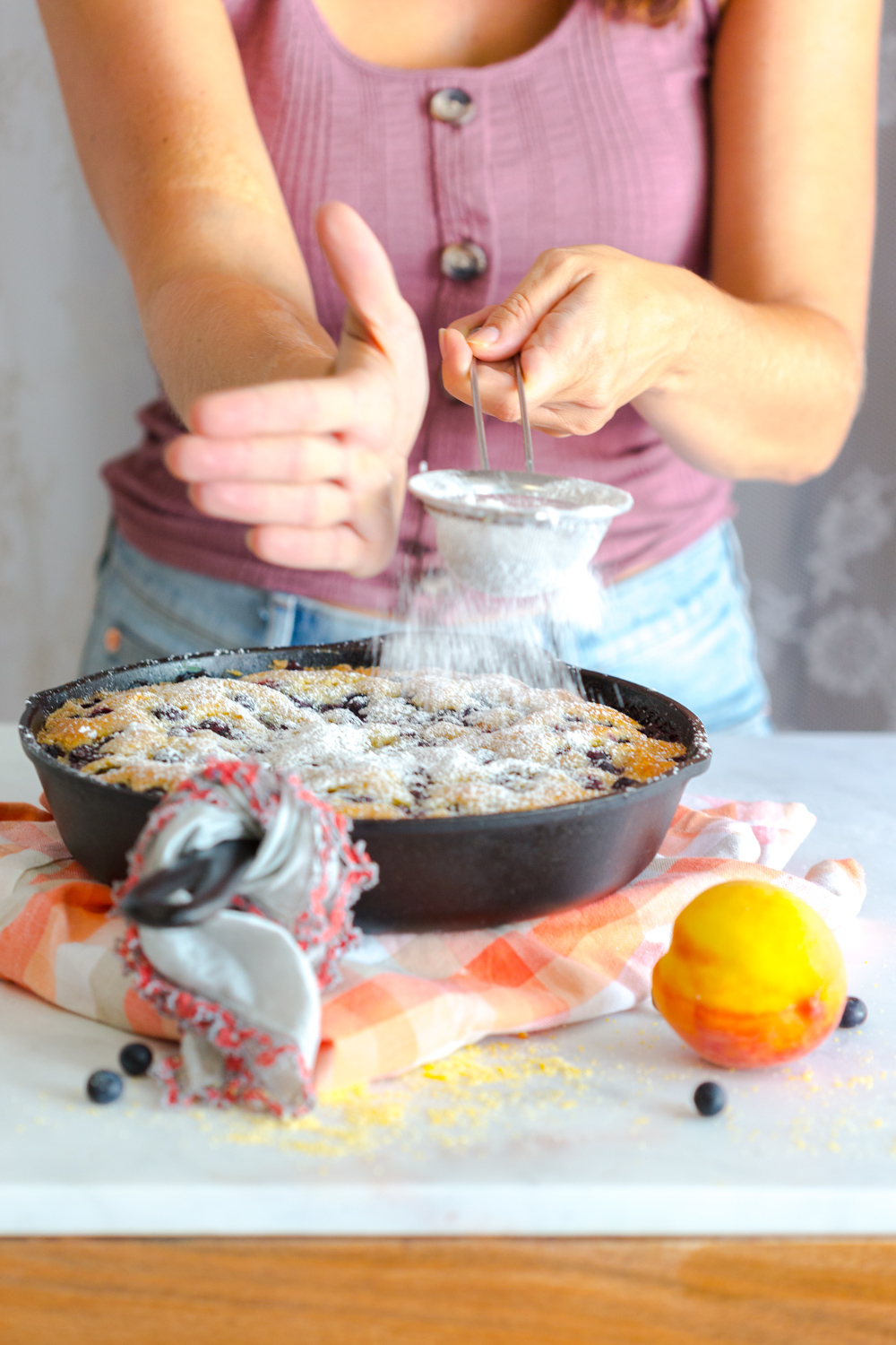 Blueberry Peach Cornmeal Skillet Cake sprinkle